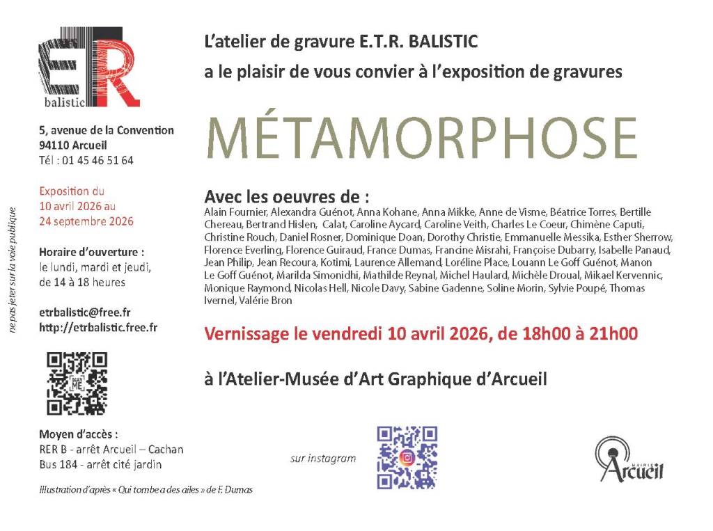 Flyer de l'exposition Métamorphose à l’atelier E.T.R. Balistic à Arcueil